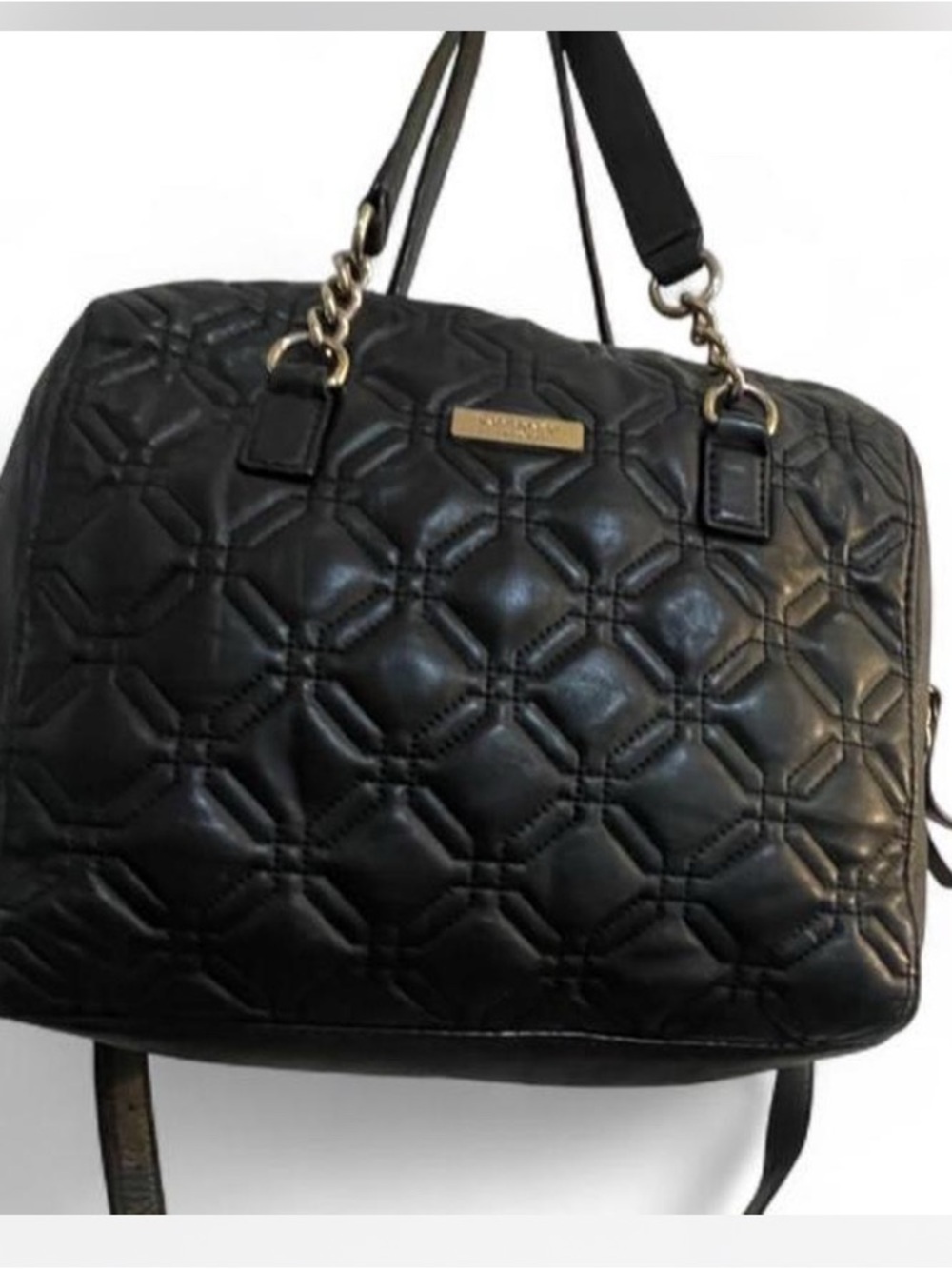 KATE SPADE Black Quilted Leather Tote Bag with Chain Handles